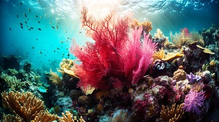海とサンゴ礁、カラフルな熱帯の海中の風景