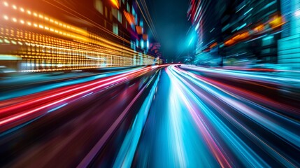 Fototapeta premium Digital data flow on road with motion blur to create vision of fast speed transfer . Concept of future digital transformation ,