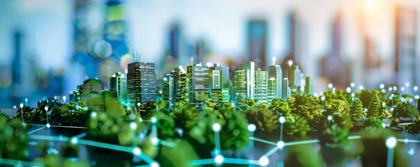 A vibrant representation of an eco-friendly smart city integrated with a digital network, highlighting sustainable urban development. - obrazy, fototapety, plakaty