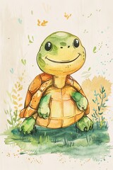 cute turtle with nature background. children illustration