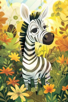 cute zebra with nature background. children illustration