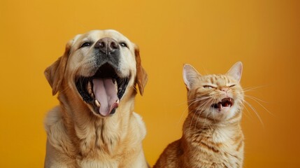 Labrador retriever dog panting and ginger cat sitting in front of dark yellow background - obrazy, fototapety, plakaty