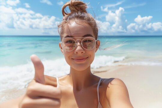 Young woman with glasses giving a thumbs up gesture at the beach during summer, with the beautiful sea in the background.