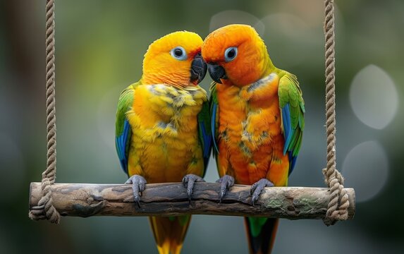 Photograph Depicts Pair of Sun Conures Cozied Up on a Swing