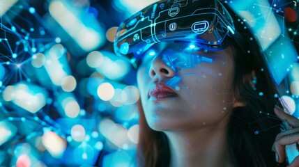 portrait of a woman with virtual reality projections of digital icons around her face