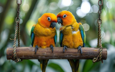 Photograph Depicts Pair of Sun Conures Cozied Up on a Swing