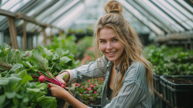A young woman picking pink radish in a greenhouse