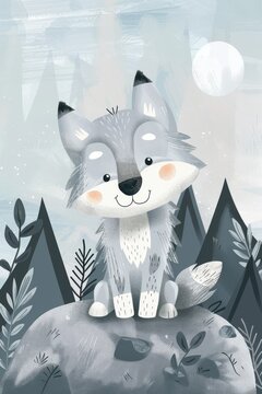 cute wolf on rocky mountain illustration. children drawing style