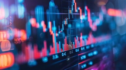 Stock graph and financial chart. Analyze stock market finance volume of stock market with Graph and chart holograph technology. - obrazy, fototapety, plakaty