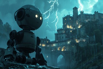 Amidst a fierce lightning storm a smart factory robot explores the ancient walls of a medieval castle creating a striking contrast between futuristic technology and historical architecture - obrazy, fototapety, plakaty