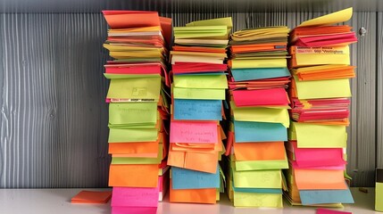 A stack of colorful post-it notes arranged on a white desk, serving as reminders and creative outlets.