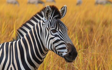 Naklejka premium In the golden savanna grasslands, a zebra comes into view