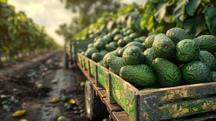 Portrait of a truck full with avocado in farmers field with a blurry backdrop and space for text or product, Generative AI.