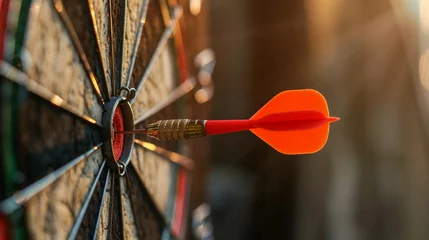 Tuinposter A meticulously directed crimson dart lands precisely on target, hitting the bullseye dead center with flawless accuracy, showcasing exceptional precision and achievement in hitting the mark © HillTract