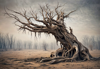 A gnarled and twisted tree stands in a barren, dusty field. The tree has a misty, otherworldly quality to it. - obrazy, fototapety, plakaty