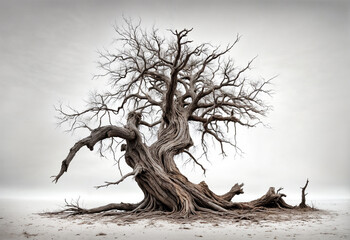 A gnarled, dead tree stands in the desert sand.