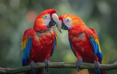 Obraz premium A Pair of Scarlet Macaws Against a Lush Green Background