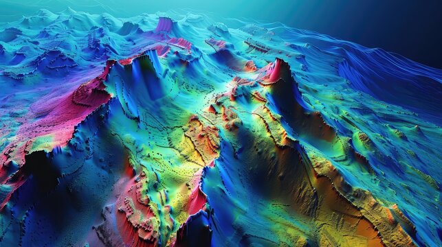hydrographic terrain map of the ocean floor, red, yellow, green, blue, mapping highs and low points, high definition, realistic, 