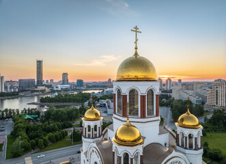 Summer Yekaterinburg and Temple on Blood in beautiful clear sunset.. Aerial view of Yekaterinburg,...