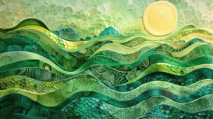 rice field colors, green, acrylic yarn, ink, crinkle paper, feather, pompom, soft sculpture, biomorphic forms, minimalistic, pointillist stippling, soft and rounded forms - obrazy, fototapety, plakaty