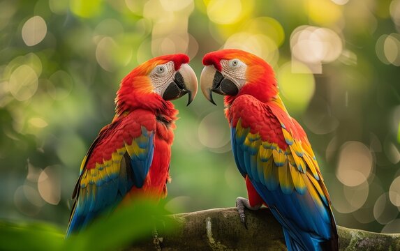 A Pair of Scarlet Macaws Against a Lush Green Background