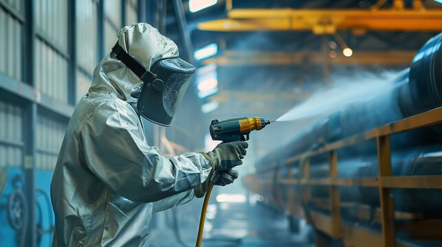 Portrait of a worker doing spray painting with wearing safety costume and a big blurry backdrop and space for text or product, Generative AI.