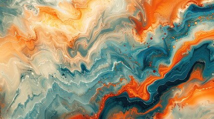 abstract fluid art design. The artwork should have a desert palette of sand beige, terra cotta, and sunset orange, set off by veins of turquoise - obrazy, fototapety, plakaty