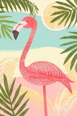 flamingo with summer background. children illustration
