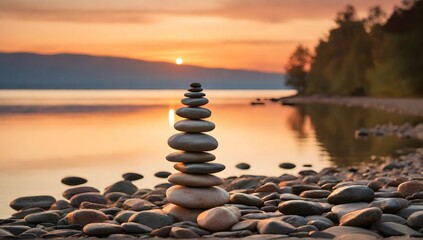 The soft hues of the sunset sky are mirrored in the smooth surface of the lake, while a stack of stones on the shore adds a touch of whimsy to this peaceful scene.