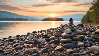 A peaceful lakeside scene, with a pile of stones carefully arranged on the shore, reflecting the calming colors of a sunset sky. - obrazy, fototapety, plakaty