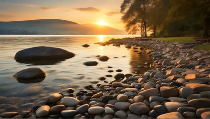 With the gentle lapping of the water and the warm glow of the setting sun, this lakeside scene is the epitome of serenity. And the carefully arranged stones on the shore only add to its unique charm. - obrazy, fototapety, plakaty