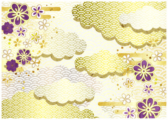 桜、青海波、雲、和風、和柄、背景、イラスト、横型、金