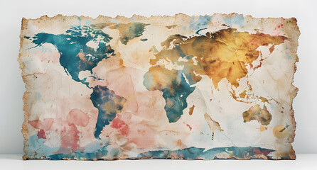 A map painting on a table shows the world in vivid colors