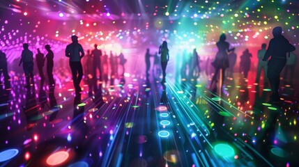 Dazzling virtual dance floor pulsing with energy, as vibrant lights and infectious beats fill the digital air.