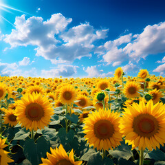 A field of sunflowers under a bright blue sky.