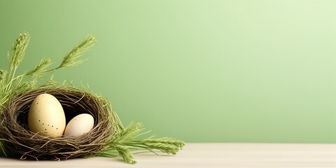 Easter Frame Concept. A nest with speckled green eggs, complemented by willow catkins, arranged on a light green background with ample space for text.