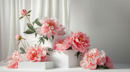 Stylish pink peonies arrangement against a white modern interior backdrop.