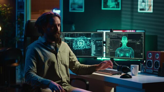 Deviant AI superintelligence enslaving its creator, controlling his limbs, doing robotic movements. Rogue artificial intelligence possessing man, threating humanity, camera A