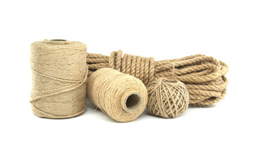 Jute ropes and twines isolated on white background