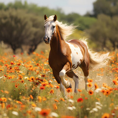 A horse galloping in a field of wildflowers.