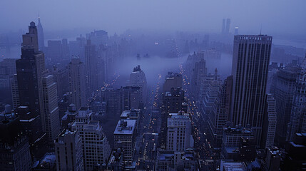analogue still high angle shot of a foggy metropolitan city landscape
