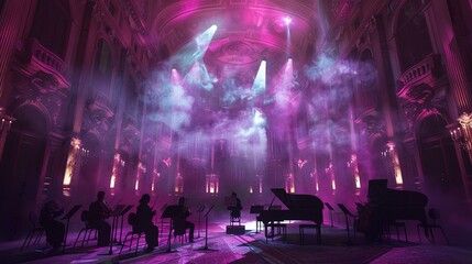 Dynamic virtual concert hall alive with music and spectacle, as digital performers captivate...