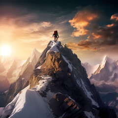A mountain climber reaching the summit. - obrazy, fototapety, plakaty