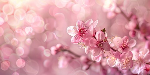 Elegant cherry blossoms in full bloom against a pink bokeh background.