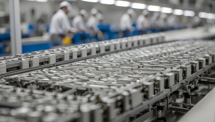 Close-up perspective of electric vehicle battery cells on a mass production assembly line Generative AI - obrazy, fototapety, plakaty