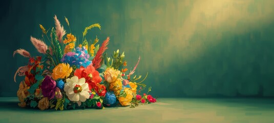 Colorful flowers on the green background, Generative Ai
