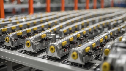 Close-up perspective of electric vehicle battery cells on a mass production assembly line Generative AI - obrazy, fototapety, plakaty