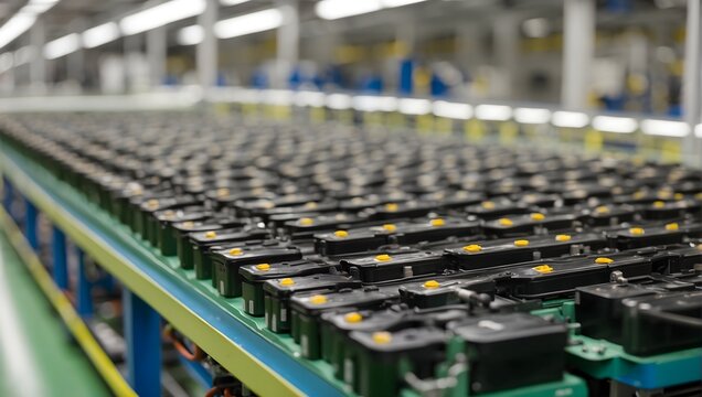 Close-up perspective of electric vehicle battery cells on a mass production assembly line Generative AI