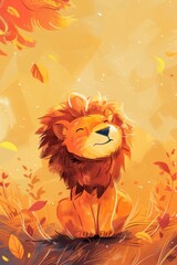 Fototapeta premium cute lion with nature background. children illustration