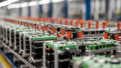 Fototapeta premium Close-up perspective of electric vehicle battery cells on a mass production assembly line Generative AI
